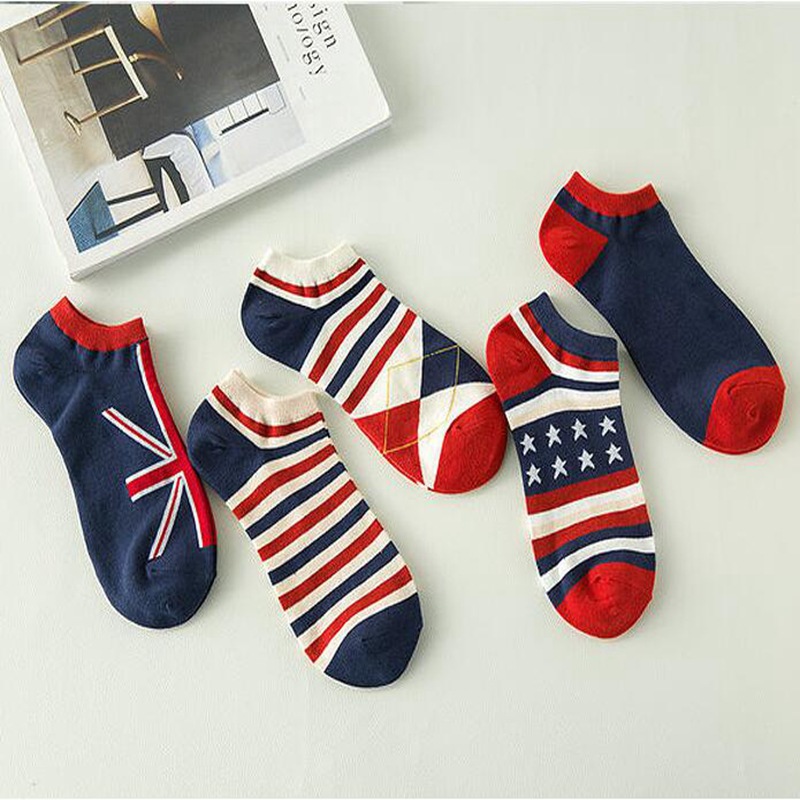 5 Pairs Invisible Cotton Men Socks Flag Pattern Shallow Mouth Socks Wholesale